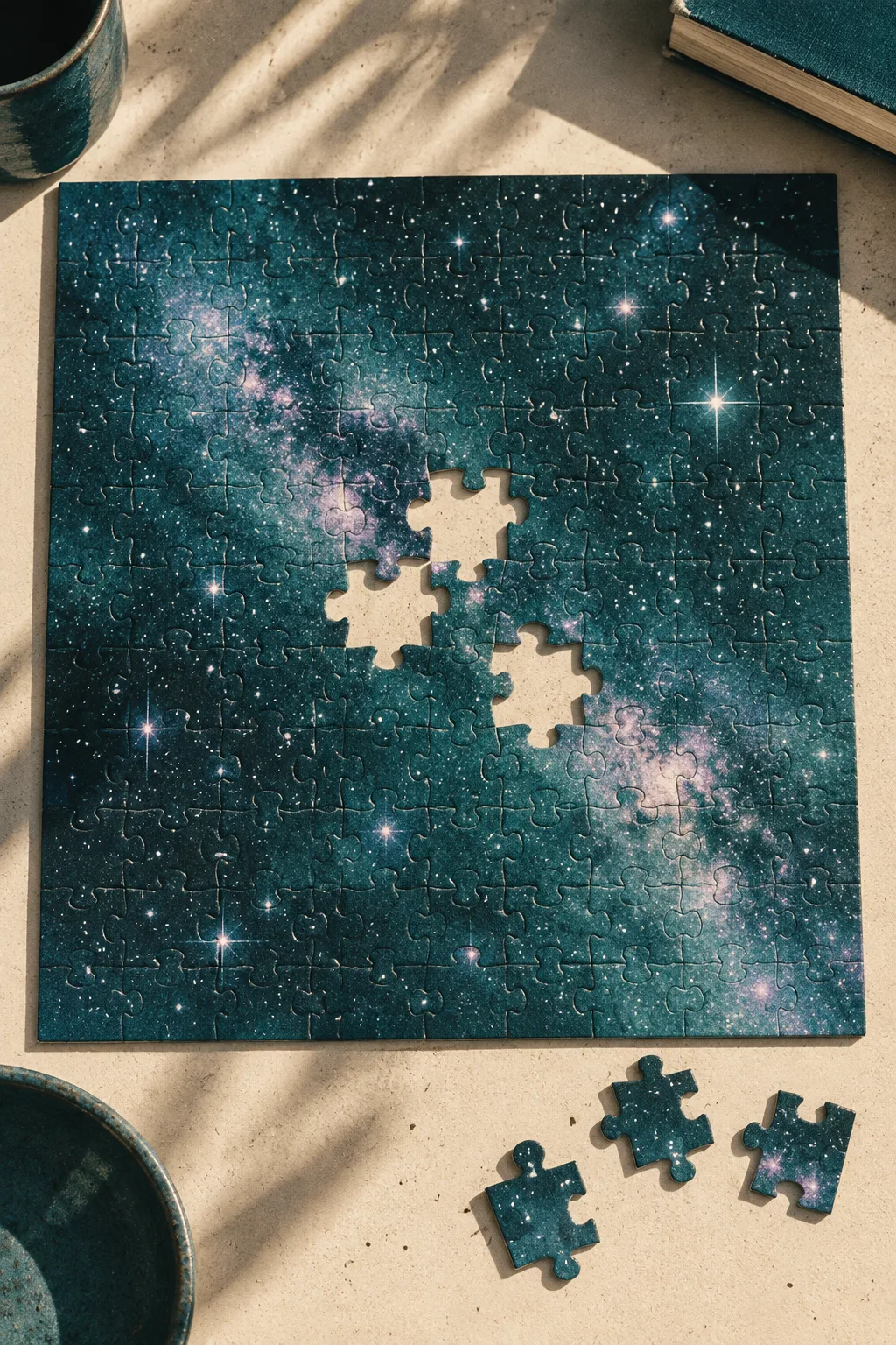 Puzzle z nocnym niebem prawie ułożone, w środku brakuje trzech elementów, które leżą obok.