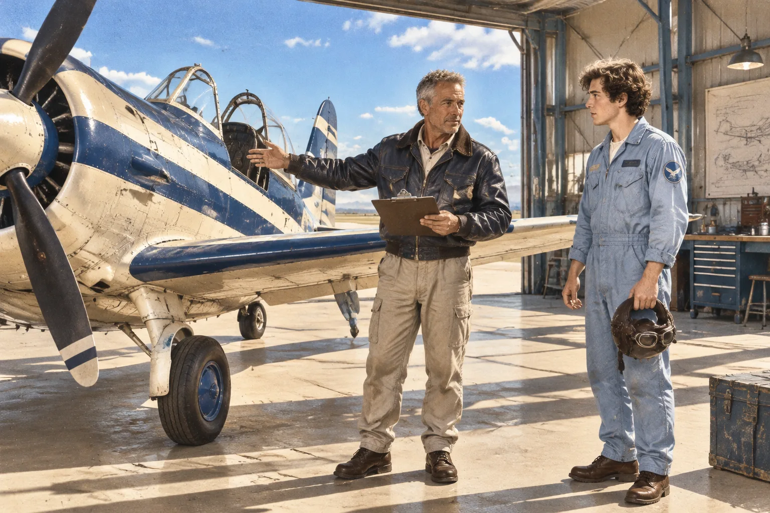 Pilot w hangarze tłumaczy coś młodemu kursantowi, wskazując otwarty kokpit kremowo niebieskiego samolotu.