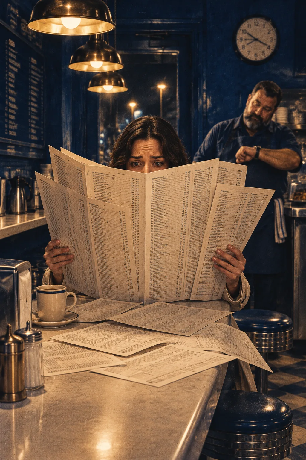 Klientka w barze chowa się za rozłożonym, wielostronicowym menu, widać tylko jej zmartwione oczy. Wokół leżą kolejne strony.