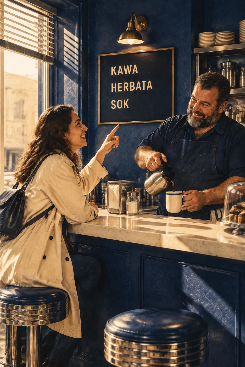 Rano klientka z uśmiechem wskazuje tablicę z trzema napojami, a właściciel już nalewa jej kawę.