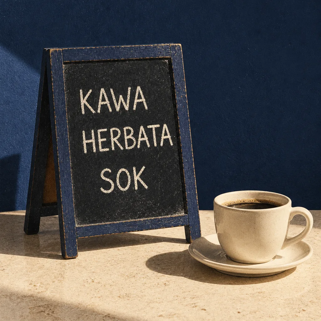Mała tablica na ladzie z trzema pozycjami: kawa, herbata, sok. Obok filiżanka czarnej kawy.