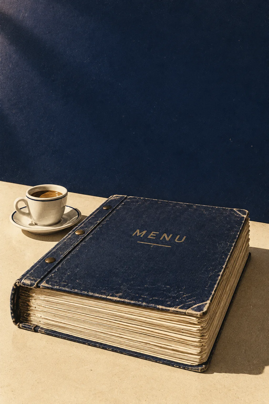 Grube menu w granatowej oprawie, setki stron, leży na ladzie obok małej filiżanki espresso.