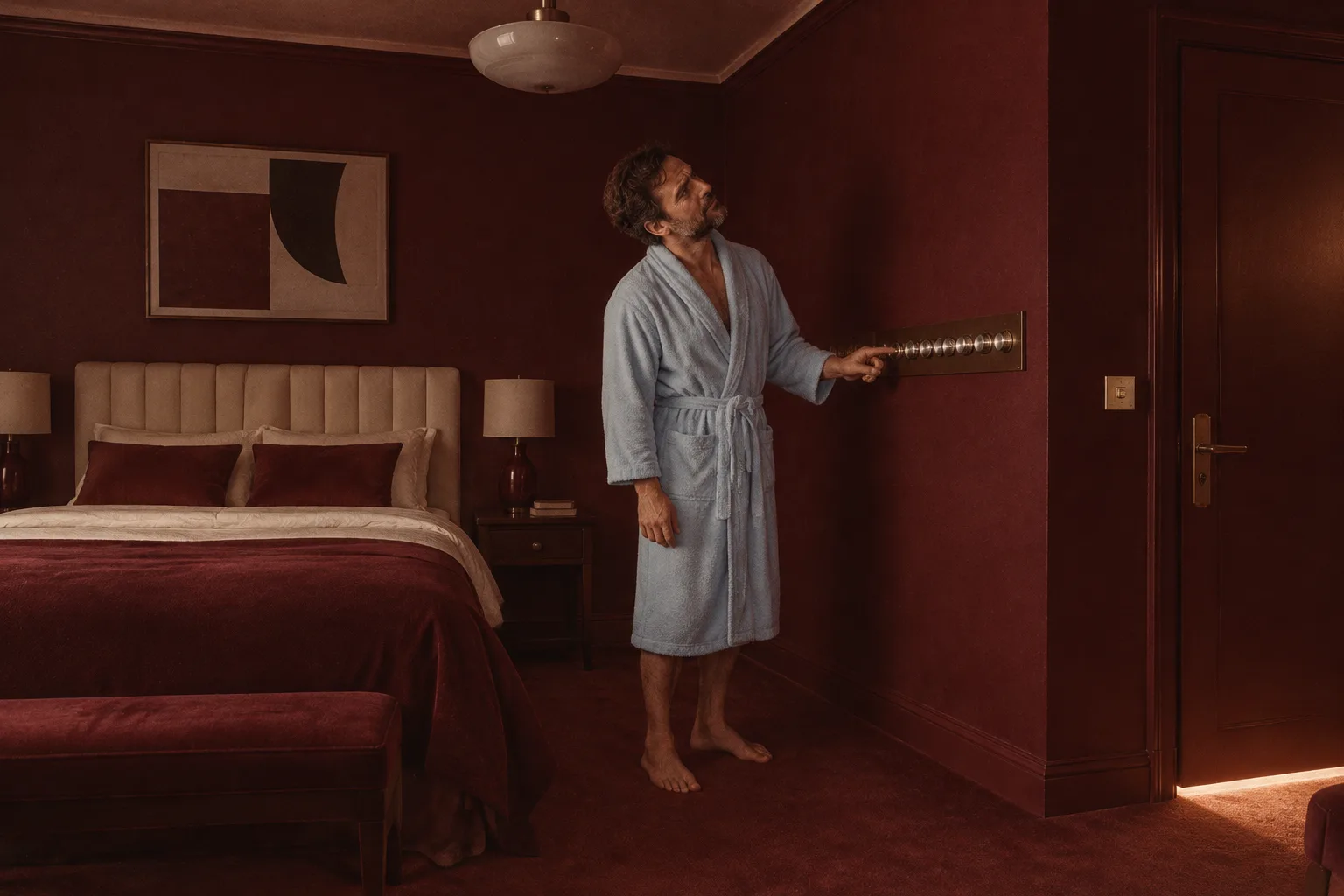 Wieczorem w hotelowym pokoju gość w szlafroku naciska po kolei przyciski długiego panelu przy łóżku, a światło dalej się nie zapala. Przy drzwiach jest zwykły włącznik.