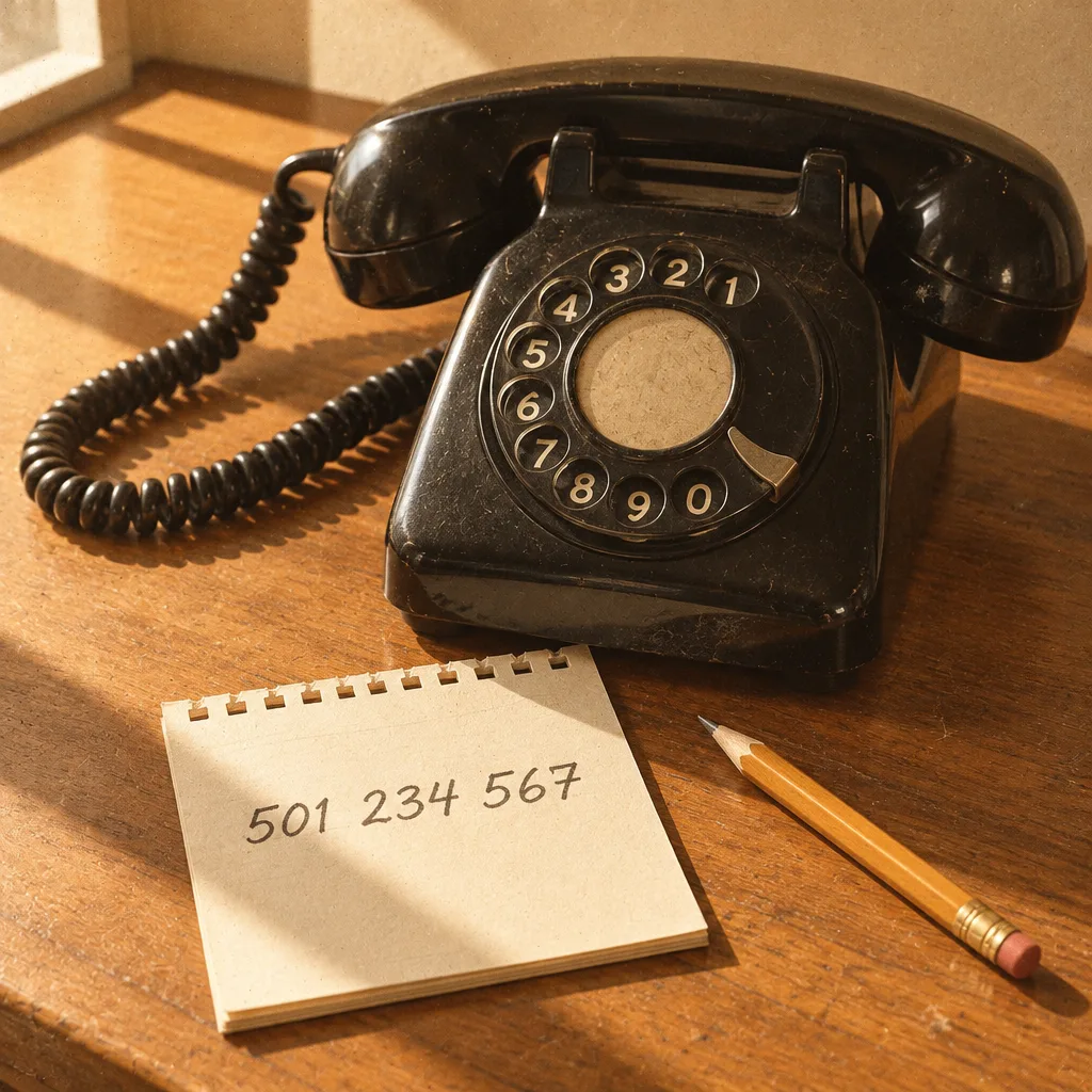 Czarny telefon z tarczą, obok notes z numerem zapisanym w trzech grupach: 501 234 567.