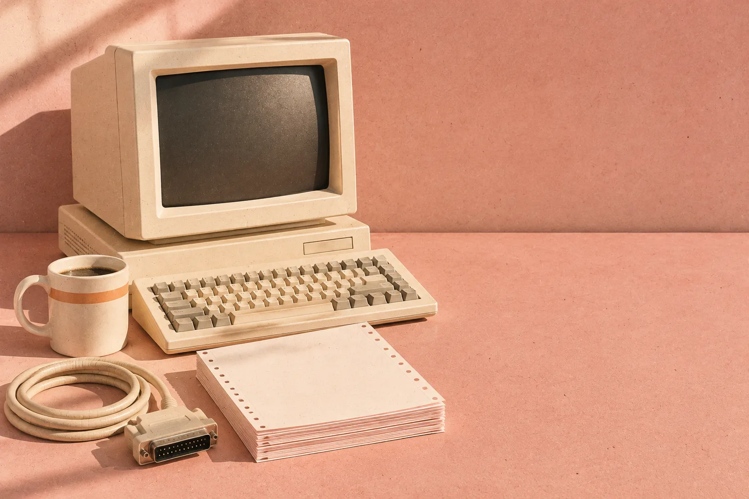 Kremowy terminal komputerowy z około 1980 roku z klawiaturą, kabel sieciowy, papier do drukarki i kubek na różowym biurku.