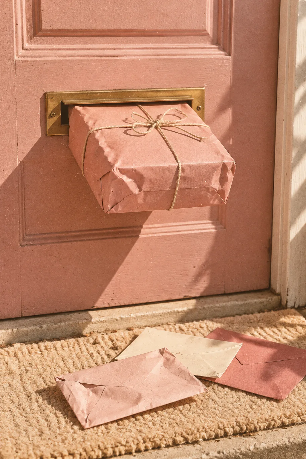 Gruba paczka utknęła w wąskiej szczelinie na listy w różowych drzwiach. Pod drzwiami leżą koperty.