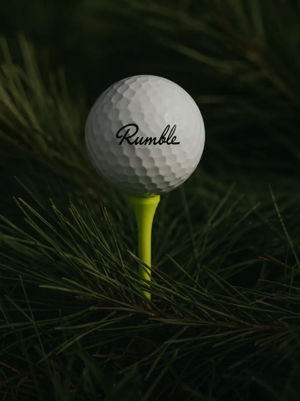 Piłka golfowa z odręcznym logo Rumble na tee, na tle ciemnych gałęzi sosny.