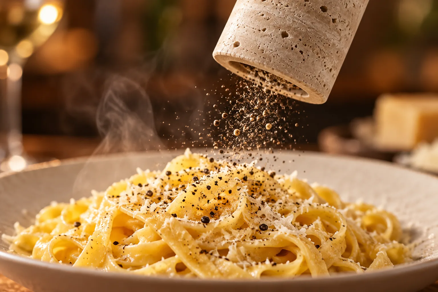 Makro: świeżo zmielony pieprz sypie się z młynka na talerz tagliatelle z parmezanem.